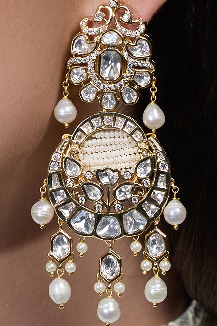 Yellow Gold Finish Kundan Polki Circular Drop Earring by Joules By Radhika at Pernia's Pop Up Shop