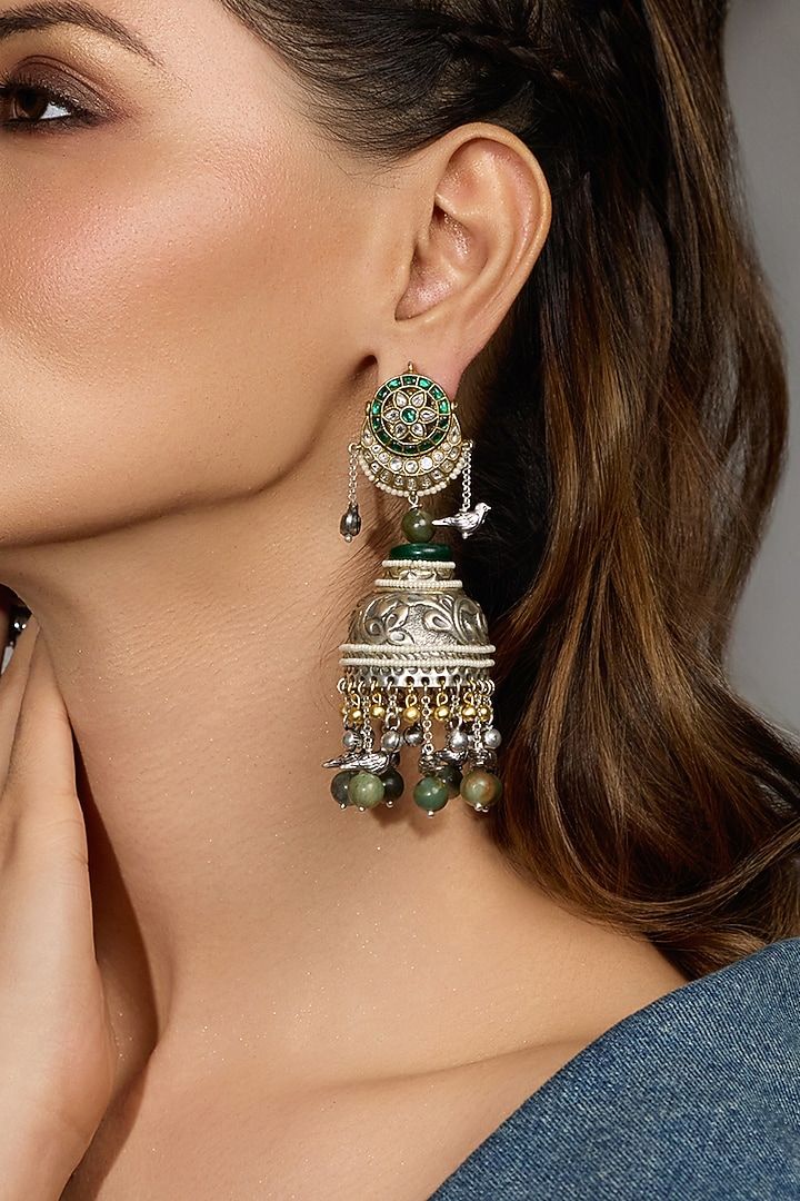 Oxidised Silver Finish Green Jhumka Earring by Joules By Radhika at Pernia's Pop Up Shop