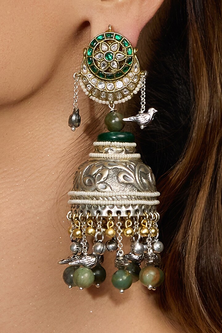 Oxidised Silver Finish Green Jhumka Earring by Joules By Radhika at Pernia's Pop Up Shop
