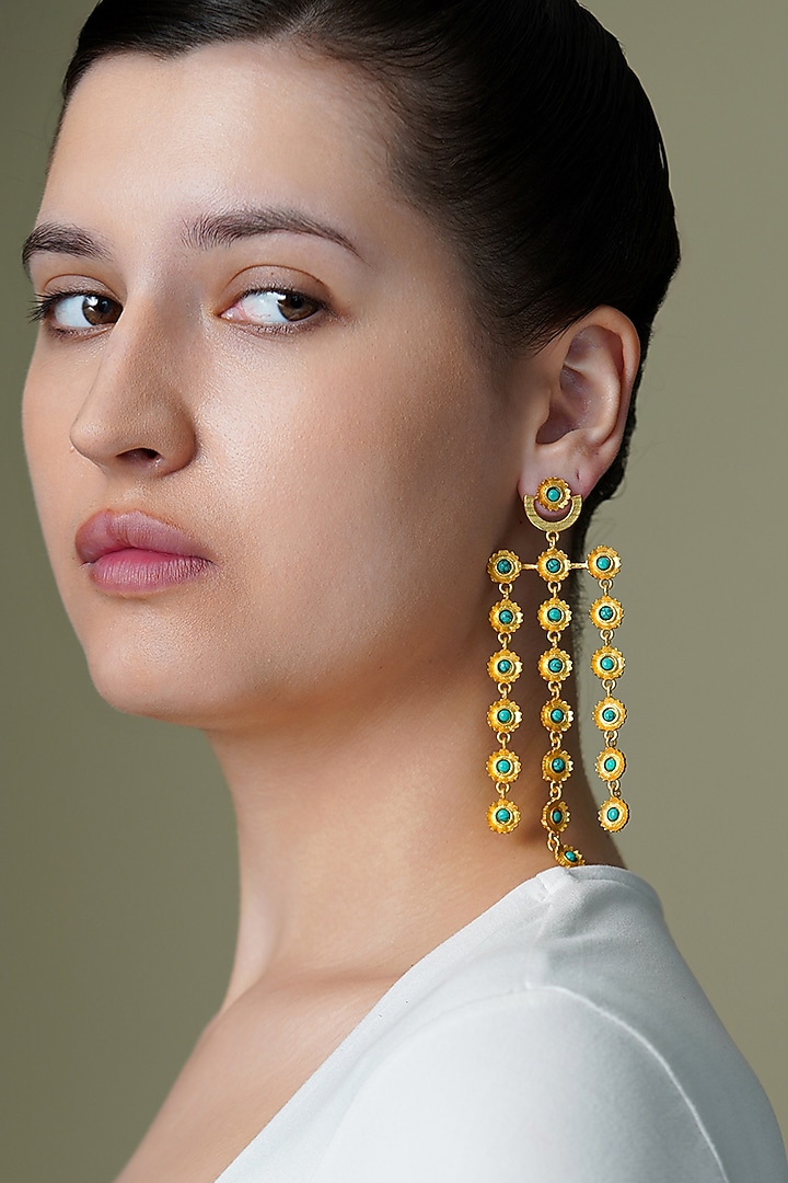 Yellow Gold Finish Green Stone Chandelier Earrings by Joules By Radhika at Pernia's Pop Up Shop