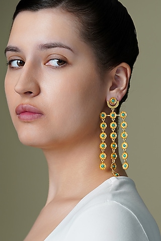 Yellow Gold Finish Green Stone Chandelier Earrings by Joules By Radhika