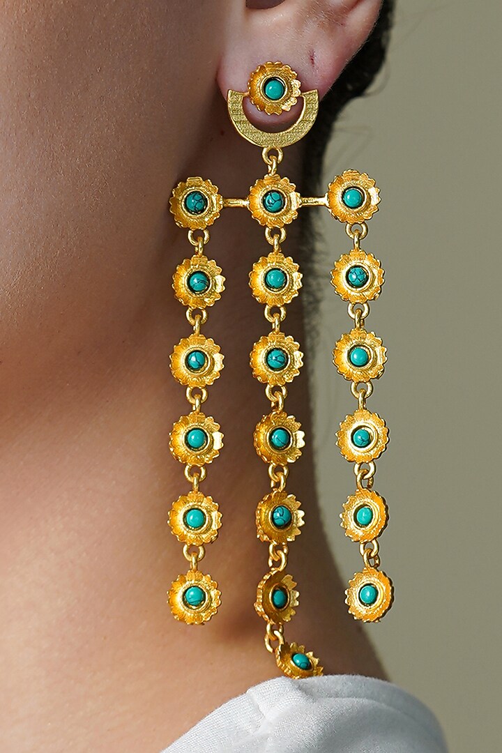 Yellow Gold Finish Green Stone Chandelier Earrings by Joules By Radhika at Pernia's Pop Up Shop