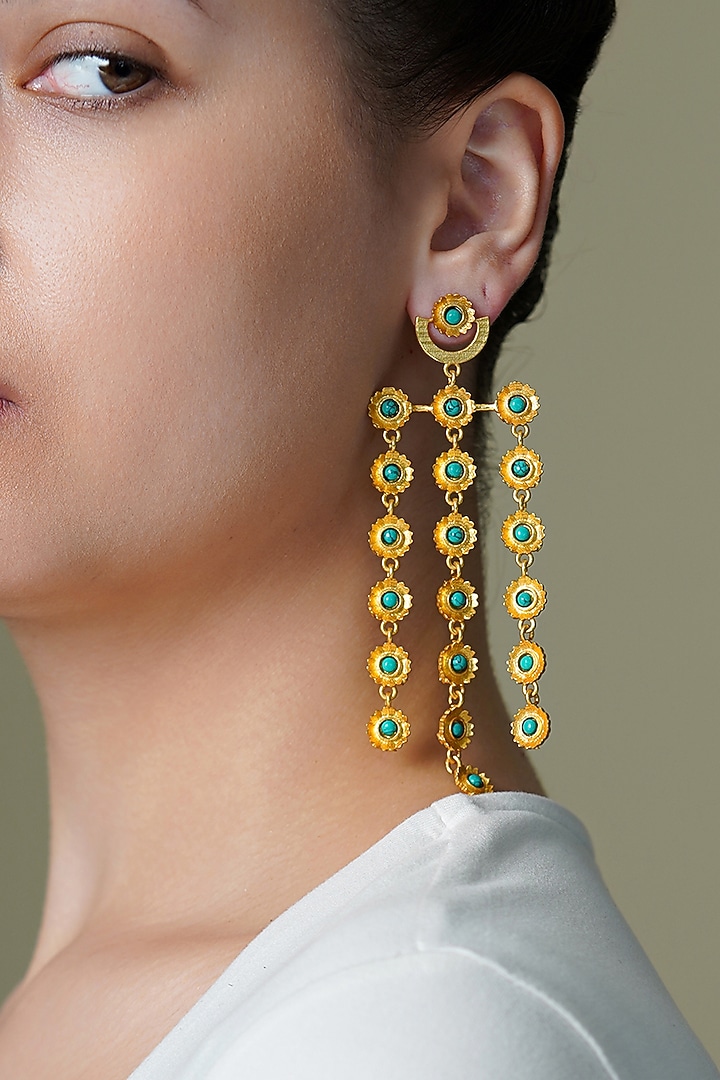 Yellow Gold Finish Green Stone Chandelier Earrings by Joules By Radhika at Pernia's Pop Up Shop