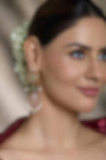 Gold Finish Pink & Green Kundan Polki Drop Earrings by Joules By Radhika at Pernia's Pop Up Shop