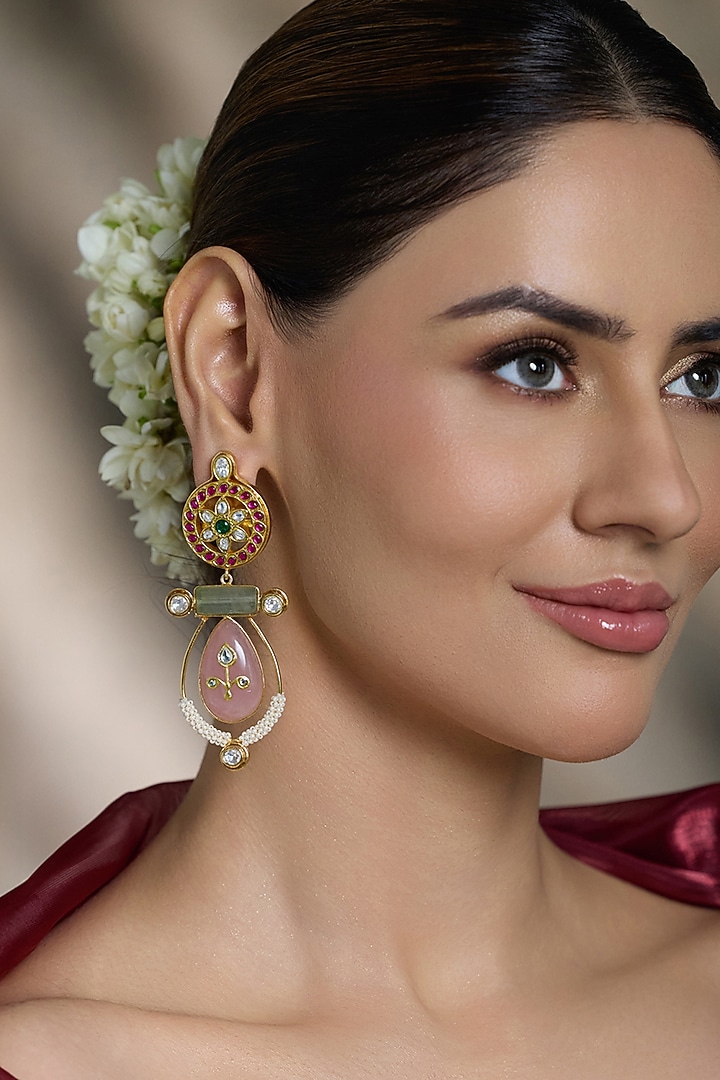 Gold Finish Pink & Green Kundan Polki Drop Earrings by Joules By Radhika at Pernia's Pop Up Shop