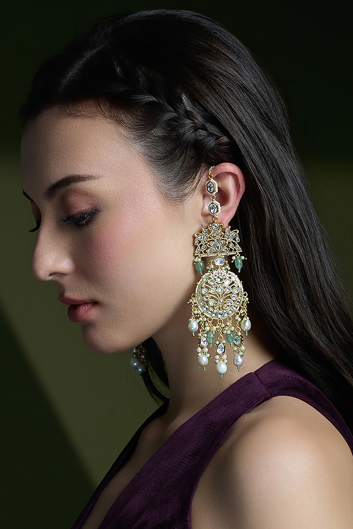 Gold Finish Kundan Polki & Green Beaded Passa Earrings by Joules By Radhika at Pernia's Pop Up Shop