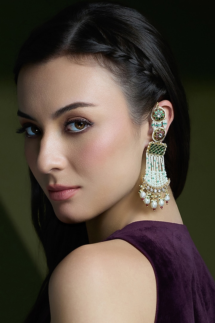 Gold Finish Multi-Colored Kundan Polki Passa Earrings by Joules By Radhika at Pernia's Pop Up Shop