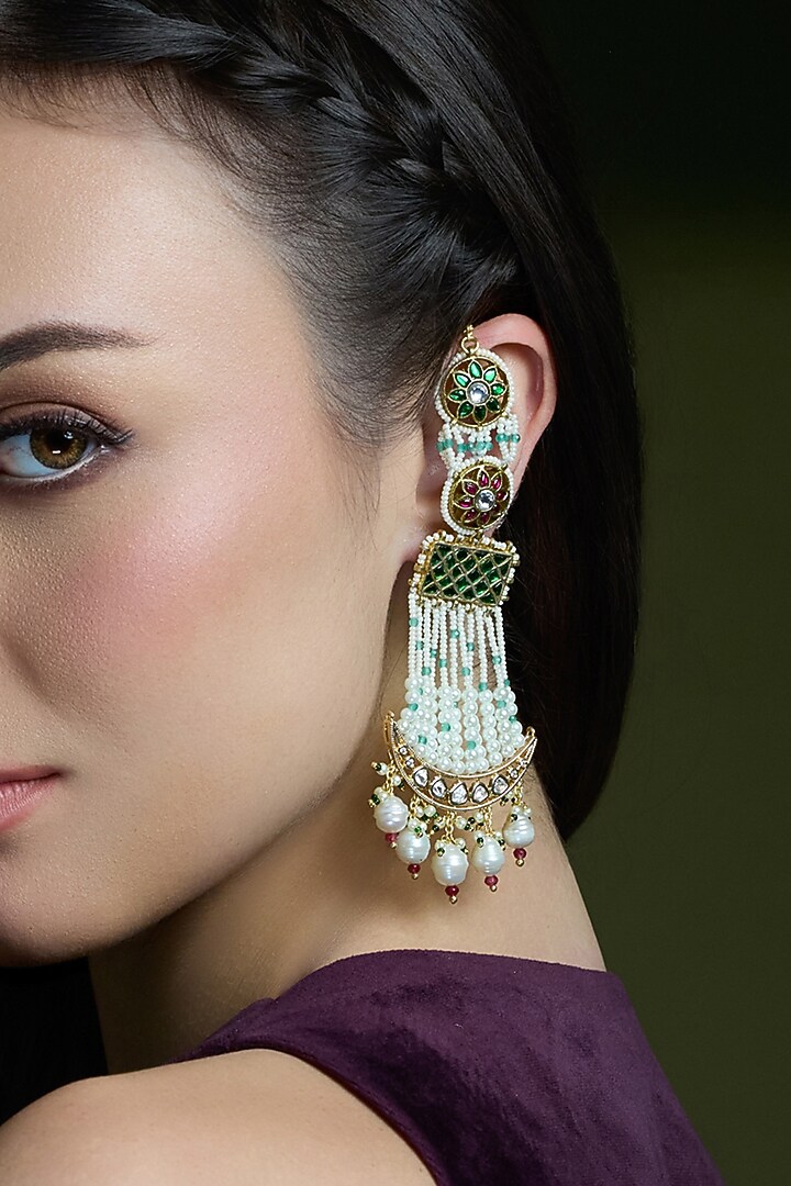 Gold Finish Multi-Colored Kundan Polki Passa Earrings by Joules By Radhika at Pernia's Pop Up Shop