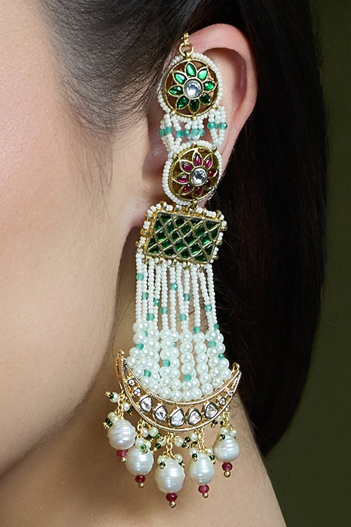 Gold Finish Multi-Colored Kundan Polki Passa Earrings by Joules By Radhika at Pernia's Pop Up Shop