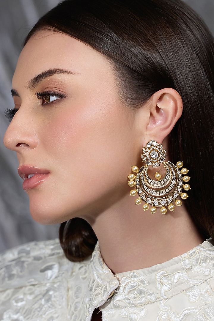 Gold Finish Kundan Polki Chandbali Earrings by Joules By Radhika at Pernia's Pop Up Shop