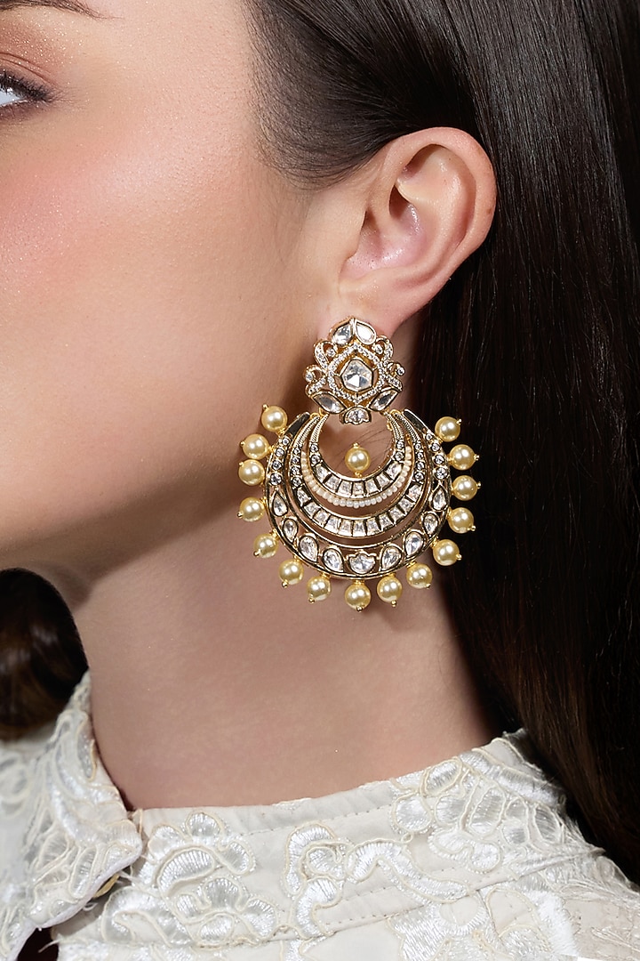 Gold Finish Kundan Polki Chandbali Earrings by Joules By Radhika at Pernia's Pop Up Shop
