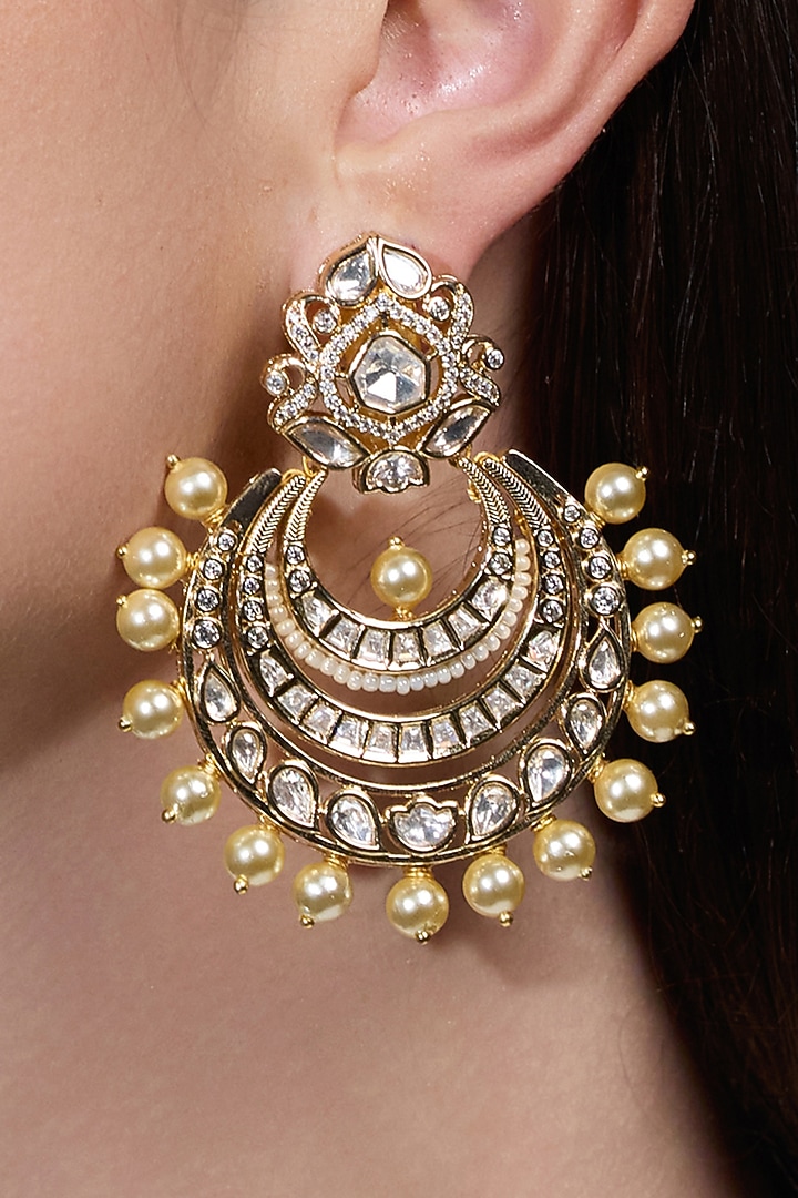 Gold Finish Kundan Polki Chandbali Earrings by Joules By Radhika at Pernia's Pop Up Shop