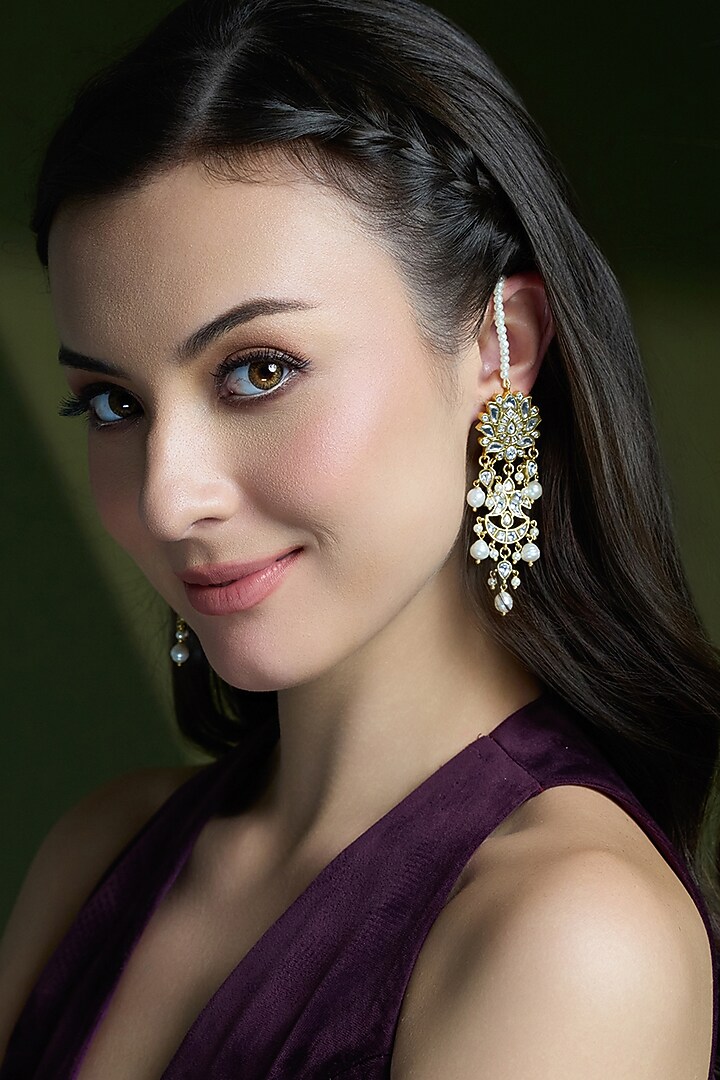 Yellow Gold Finish Pearl Drop Earrings by Joules By Radhika at Pernia's Pop Up Shop