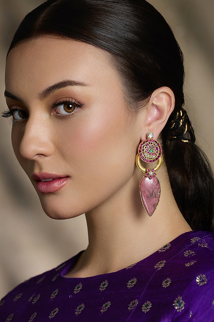 Yellow Gold Finish Pink Stone Drop Earrings by Joules By Radhika at Pernia's Pop Up Shop