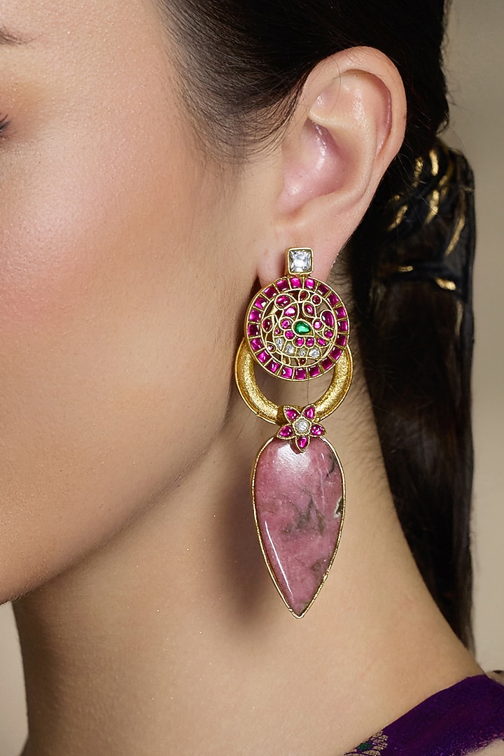 Yellow Gold Finish Pink Stone Drop Earrings by Joules By Radhika at Pernia's Pop Up Shop