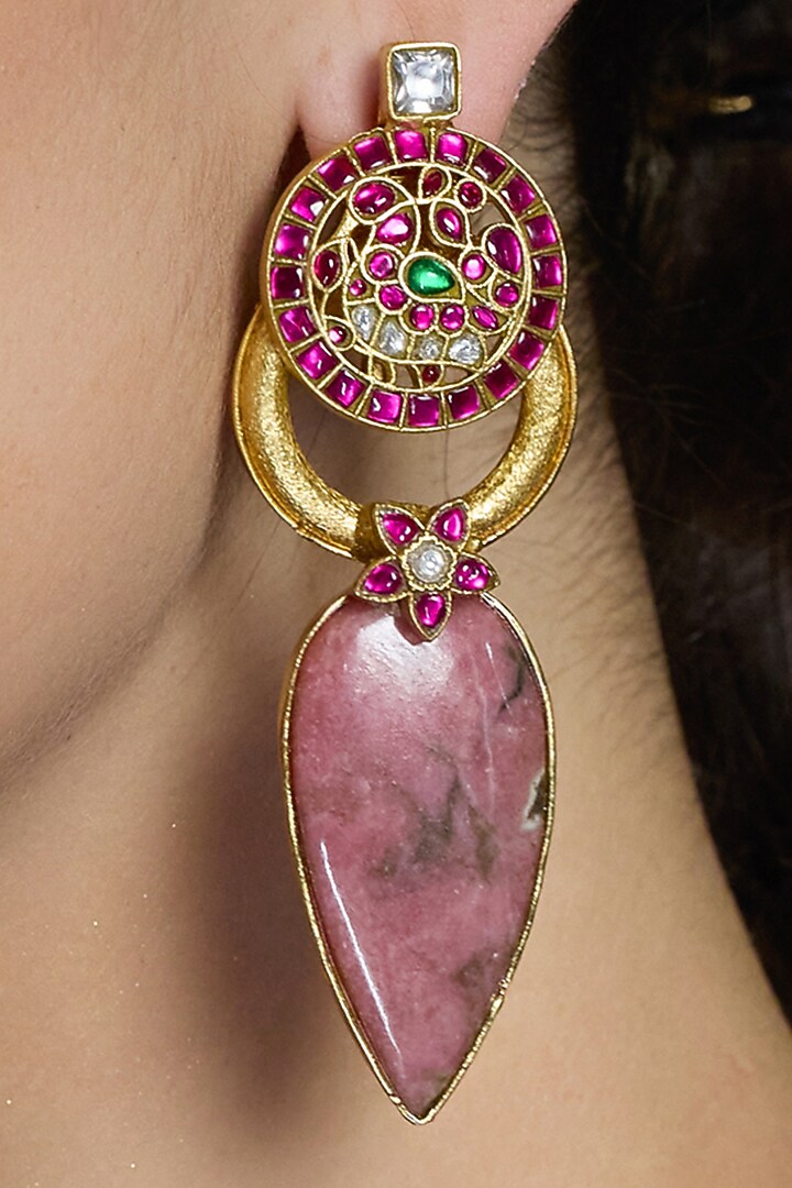 Yellow Gold Finish Pink Stone Drop Earrings by Joules By Radhika at Pernia's Pop Up Shop