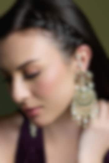 Yellow Gold Finish Kundan Polki & Green Enameled Chandbali Earrings by Joules By Radhika at Pernia's Pop Up Shop