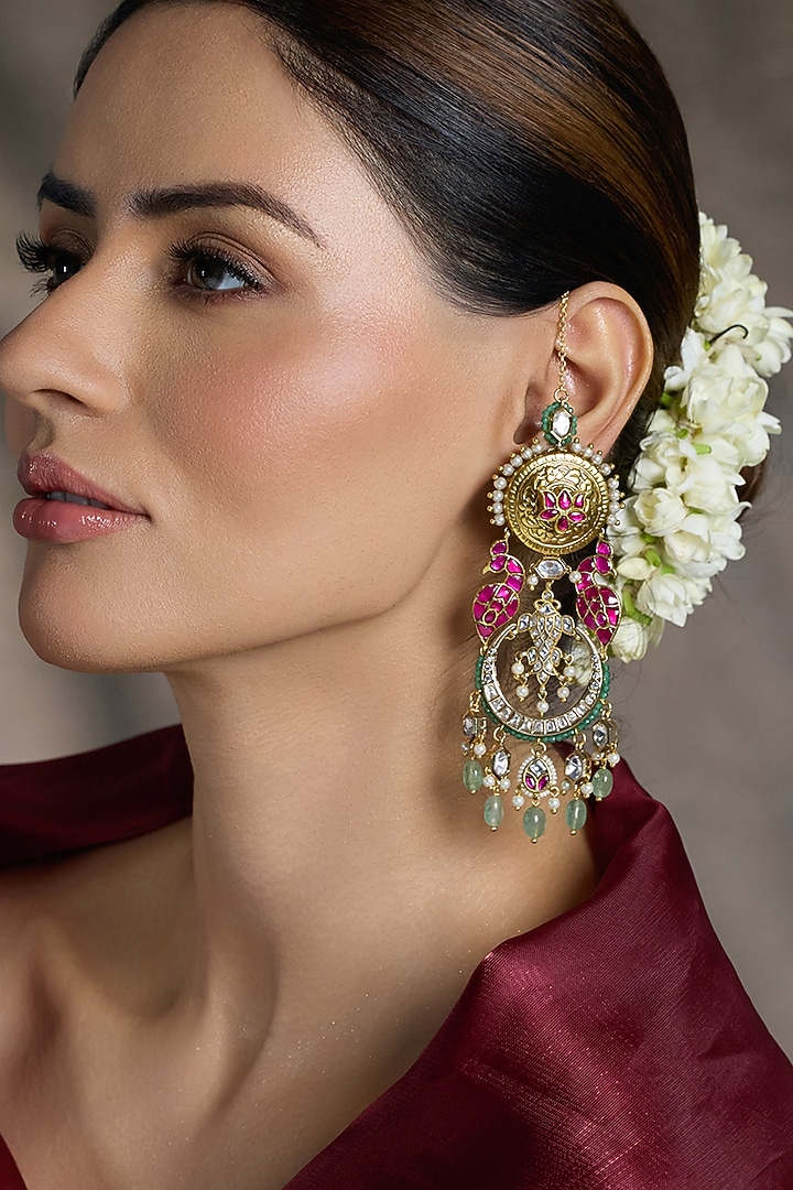 Yellow Gold Finish Beaded Chandbali Earrings by Joules By Radhika at Pernia's Pop Up Shop