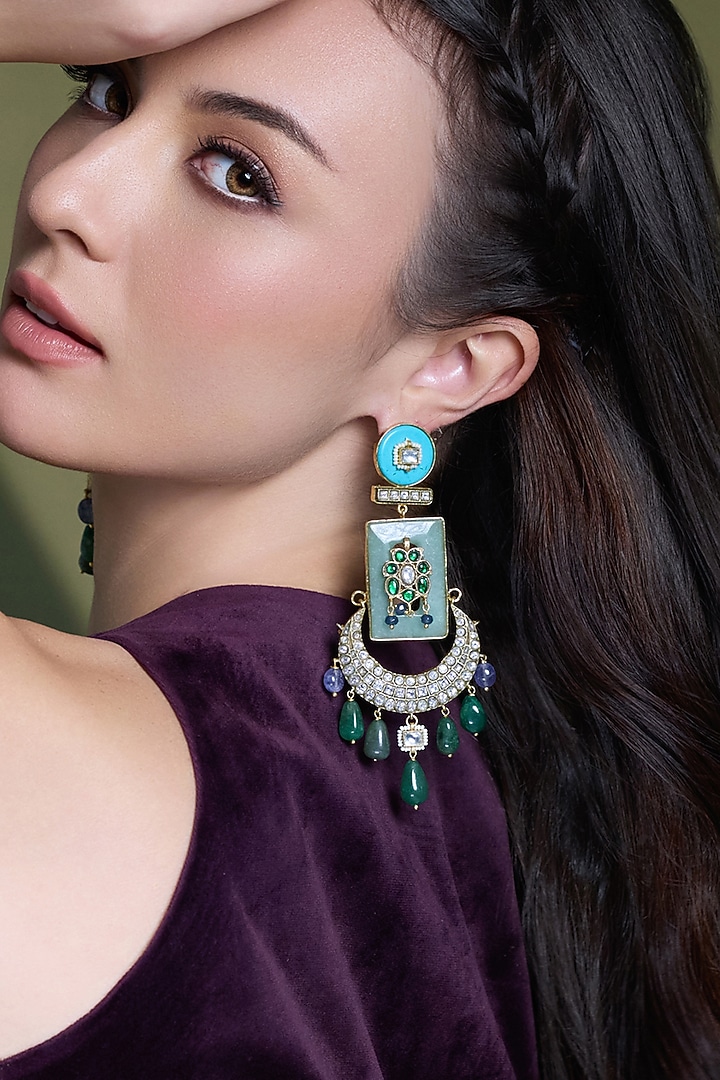 Yellow Gold Finish Turquoise Enameled Meenakari Chandbali Earrings by Joules By Radhika at Pernia's Pop Up Shop