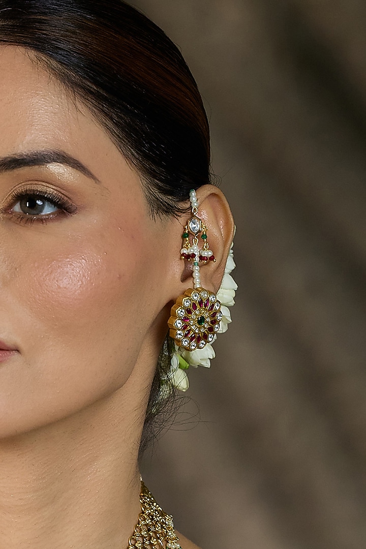 Antique Gold Finish Kundan Polki & Pearl Hoop Earrings by Joules By Radhika at Pernia's Pop Up Shop