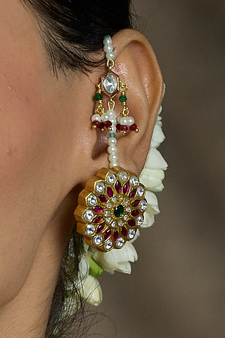 Antique Gold Finish Kundan Polki & Pearl Hoop Earrings by Joules By Radhika at Pernia's Pop Up Shop