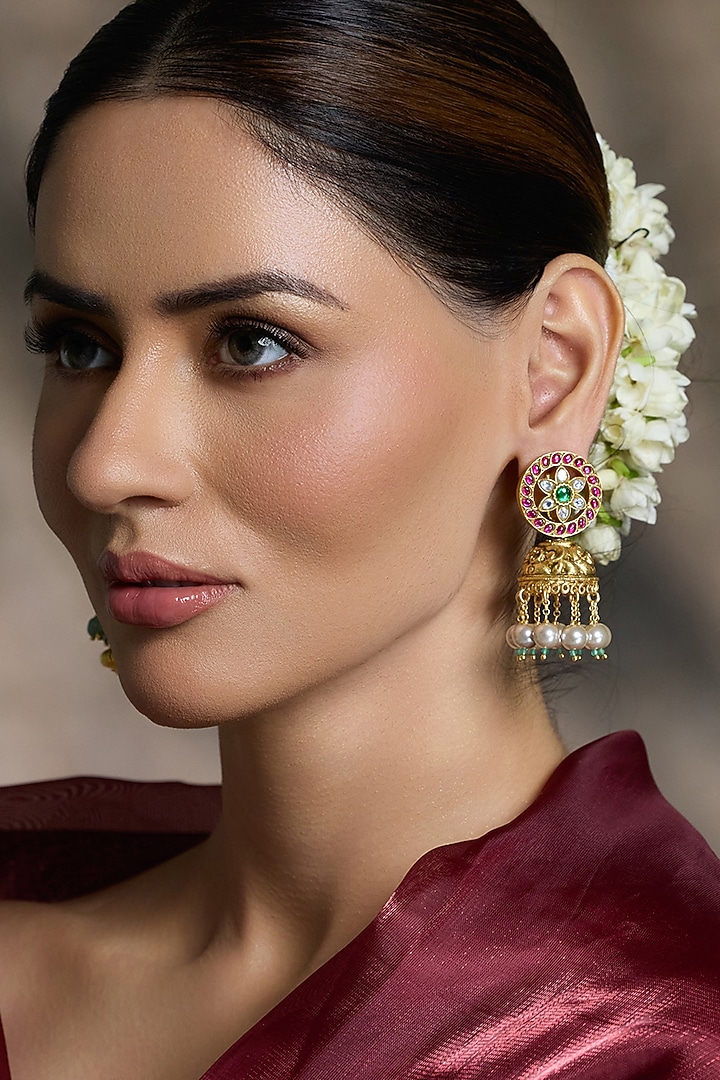 Gold Finish Kundan Polki & Pearl Jhumka Earrings by Joules By Radhika at Pernia's Pop Up Shop