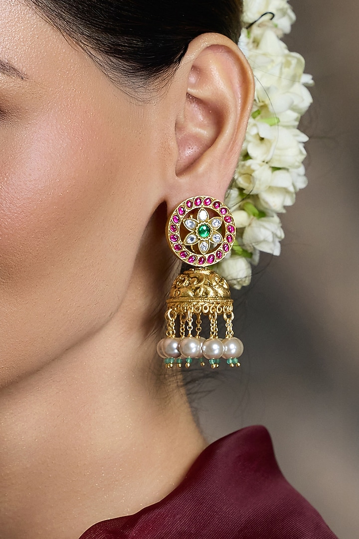 Gold Finish Kundan Polki & Pearl Jhumka Earrings by Joules By Radhika at Pernia's Pop Up Shop