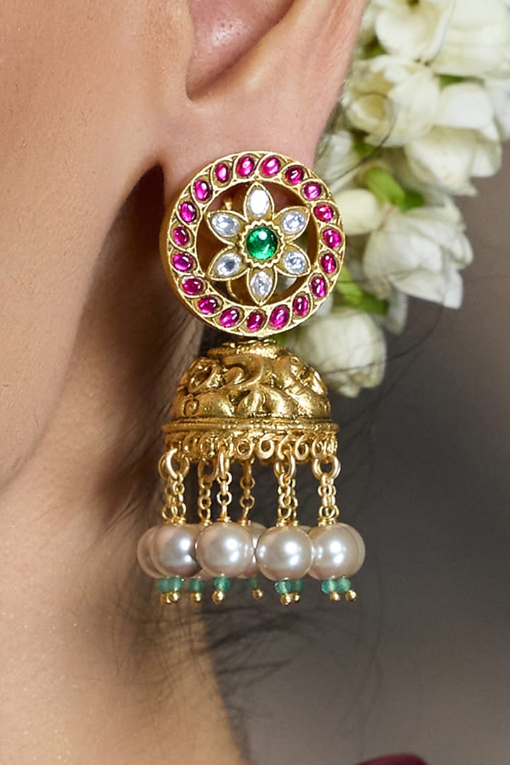 Gold Finish Kundan Polki & Pearl Jhumka Earrings by Joules By Radhika at Pernia's Pop Up Shop