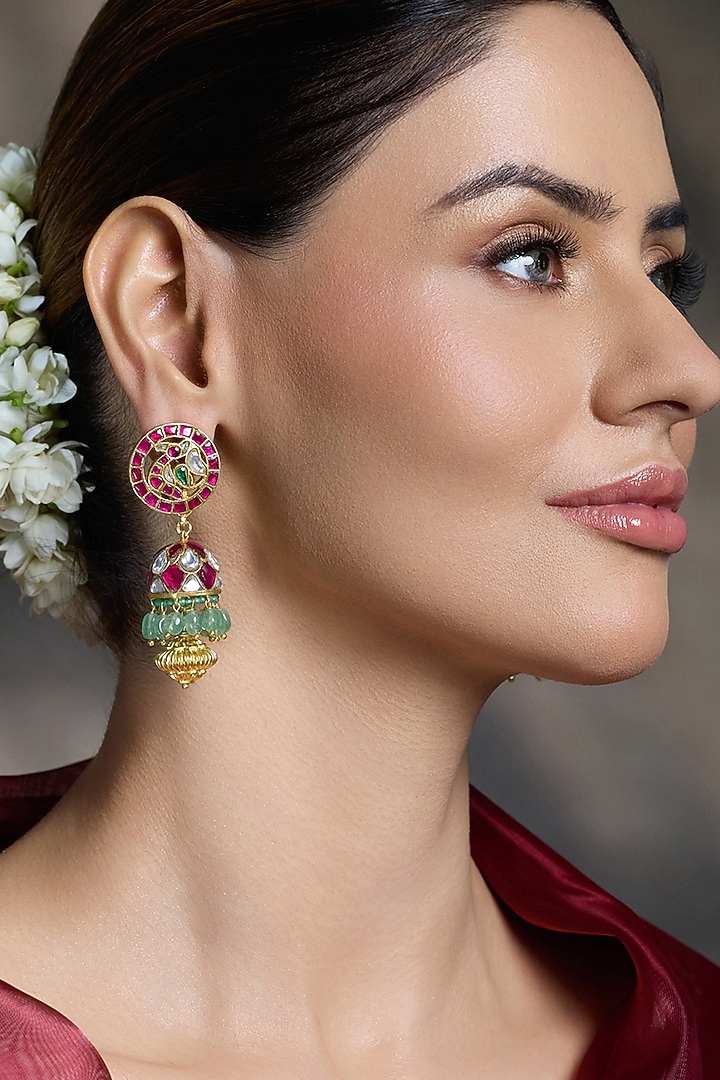 Gold Finish Kundan Polki Meenakari Earrings by Joules By Radhika at Pernia's Pop Up Shop