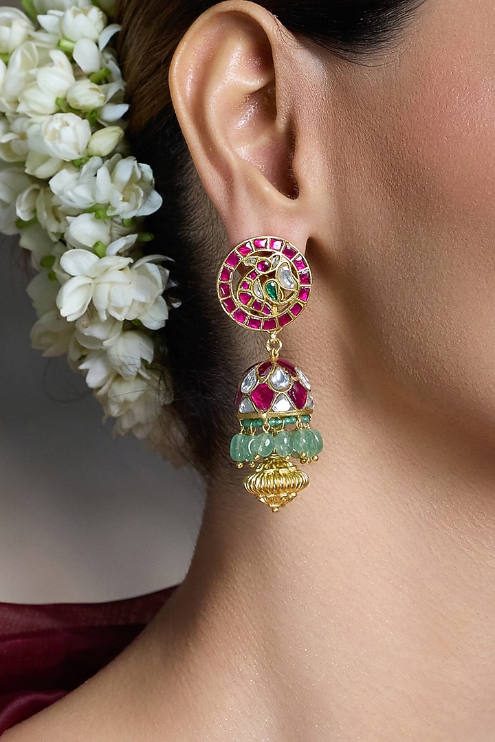 Gold Finish Kundan Polki Meenakari Earrings by Joules By Radhika at Pernia's Pop Up Shop