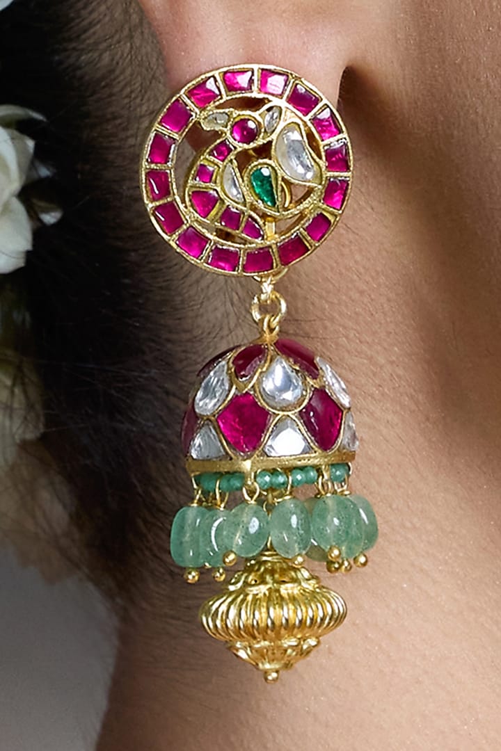 Gold Finish Kundan Polki Meenakari Earrings by Joules By Radhika at Pernia's Pop Up Shop