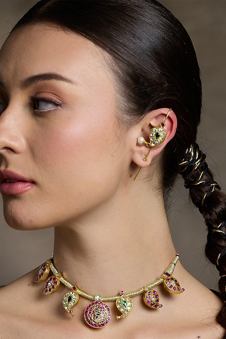 Gold Finish Kundan Polki Earcuffs by Joules By Radhika at Pernia's Pop Up Shop