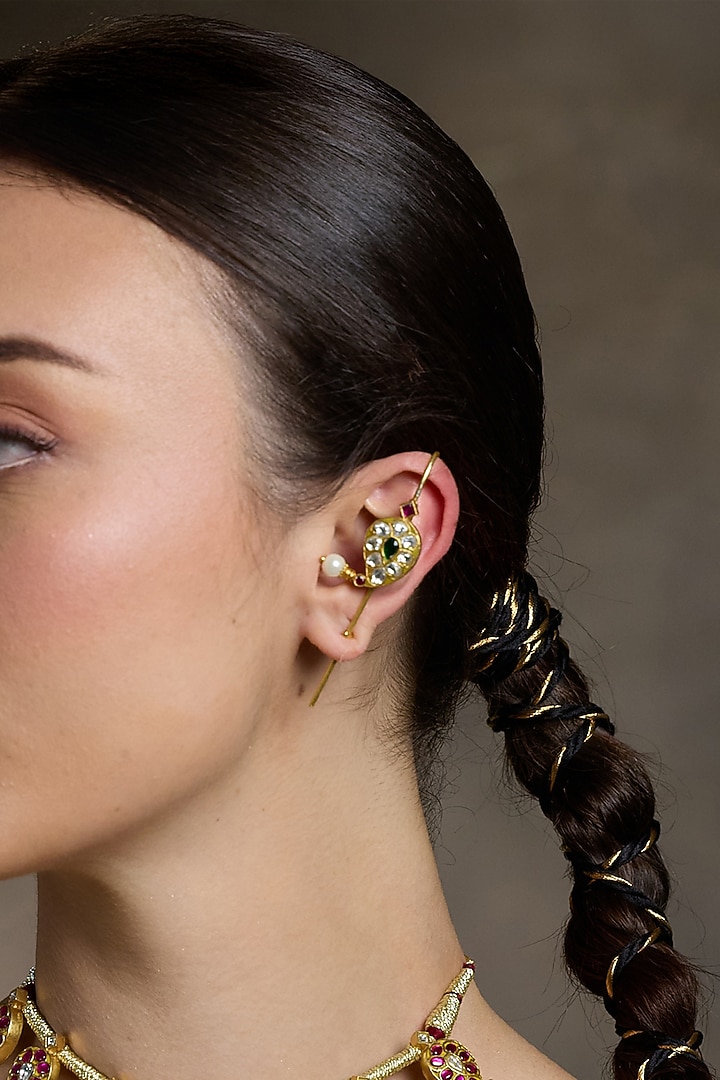 Gold Finish Kundan Polki Earcuffs by Joules By Radhika at Pernia's Pop Up Shop