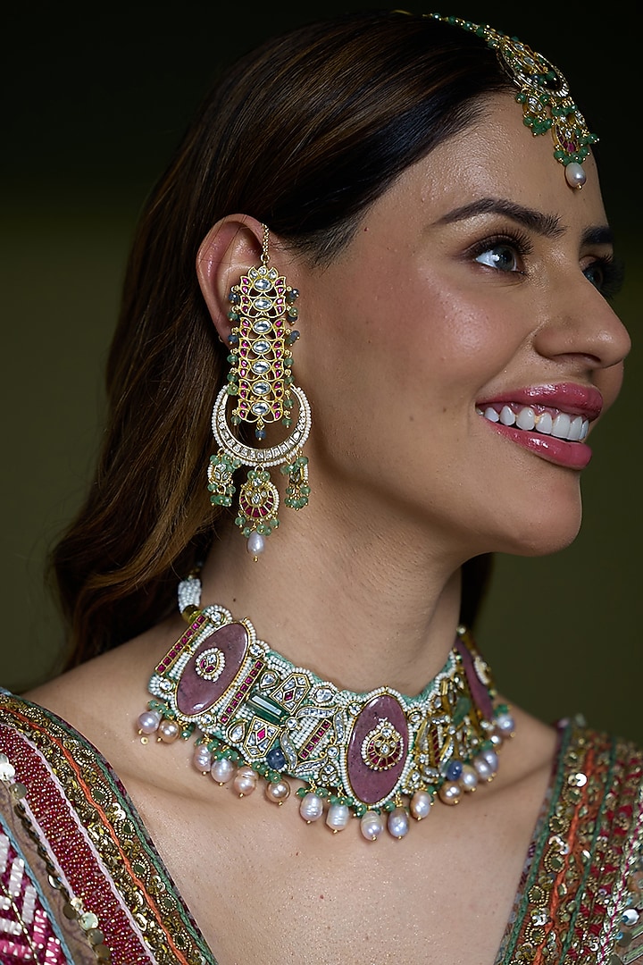 Gold Finish Kundan Polki Meenakari Earcuffs by Joules By Radhika at Pernia's Pop Up Shop