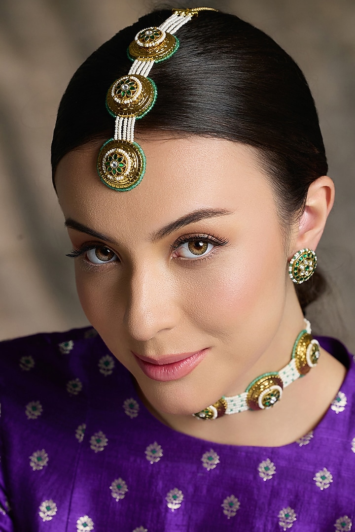 Yellow Gold Finish Pearl & Green Enameled Maangtikka by Joules By Radhika at Pernia's Pop Up Shop