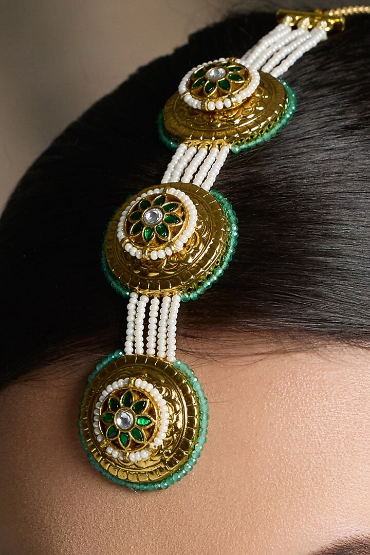 Yellow Gold Finish Pearl & Green Enameled Maangtikka by Joules By Radhika at Pernia's Pop Up Shop