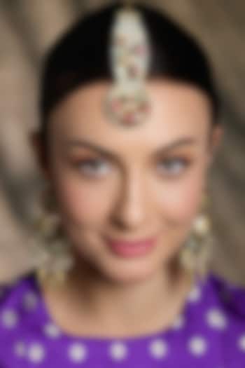 Yellow Gold Finish Pearl Strand Floral Maangtikka by Joules By Radhika at Pernia's Pop Up Shop