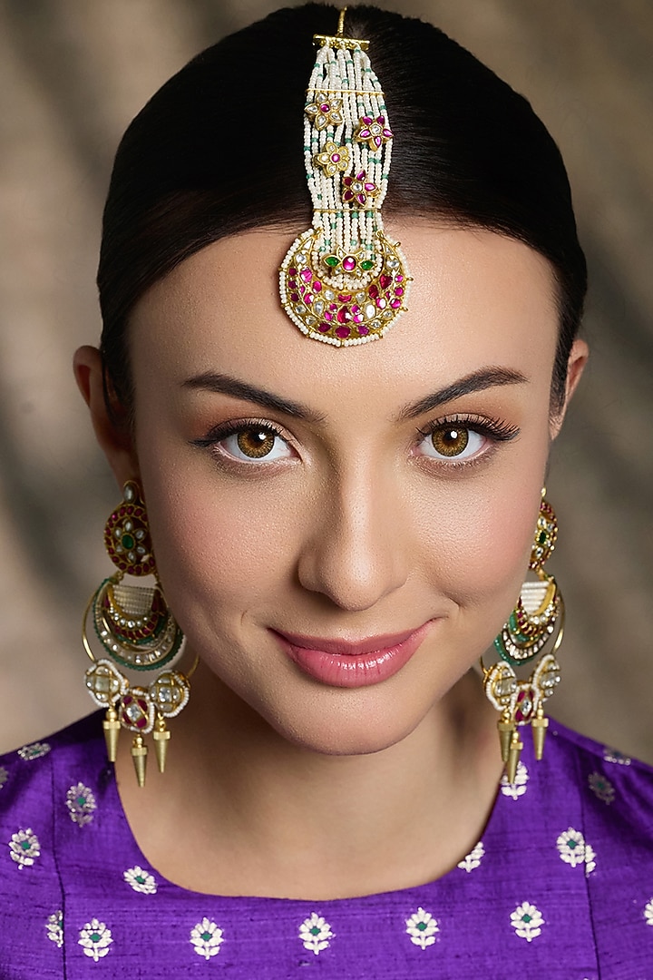 Yellow Gold Finish Pearl Strand Floral Maangtikka by Joules By Radhika at Pernia's Pop Up Shop