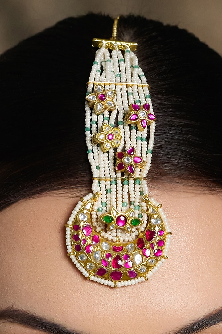 Yellow Gold Finish Pearl Strand Floral Maangtikka by Joules By Radhika at Pernia's Pop Up Shop
