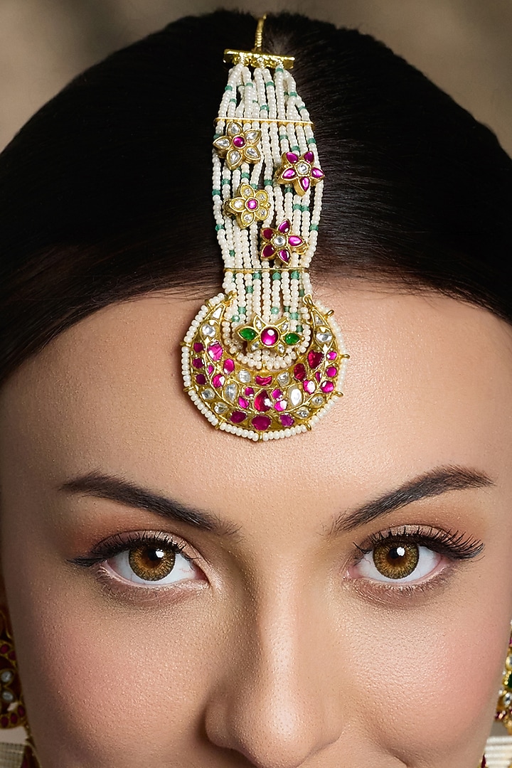 Yellow Gold Finish Pearl Strand Floral Maangtikka by Joules By Radhika at Pernia's Pop Up Shop