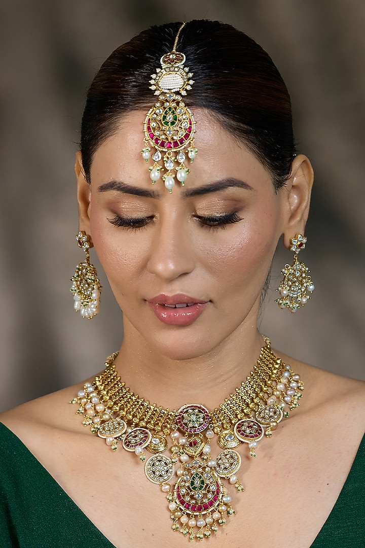 Yellow Gold Finish Pearl Drop Maangtikka by Joules By Radhika at Pernia's Pop Up Shop