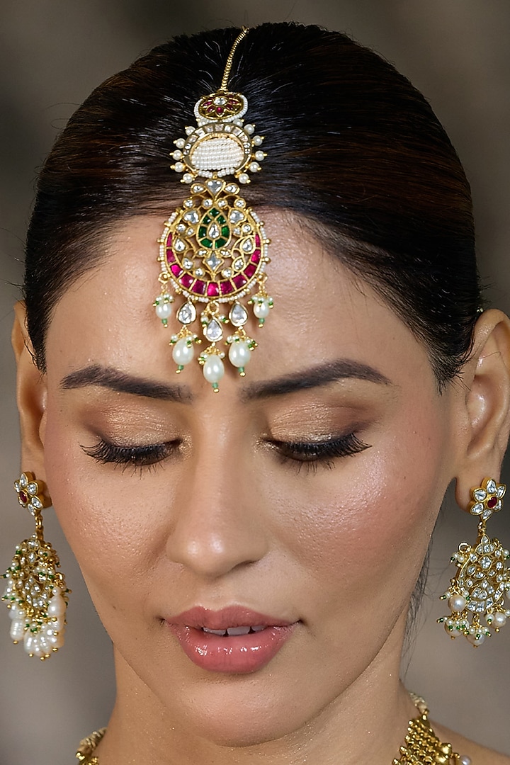 Yellow Gold Finish Pearl Drop Maangtikka by Joules By Radhika at Pernia's Pop Up Shop