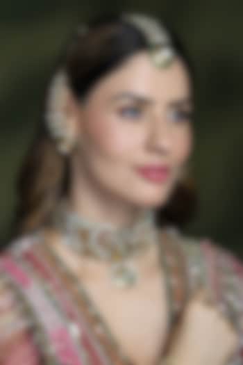 Yellow Gold Finish Green Enameled Floral Maangtikka by Joules By Radhika at Pernia's Pop Up Shop