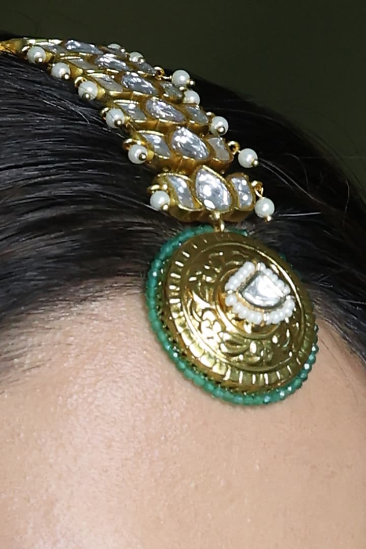 Yellow Gold Finish Green Enameled Floral Maangtikka by Joules By Radhika at Pernia's Pop Up Shop
