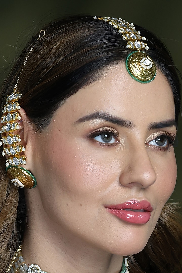 Yellow Gold Finish Green Enameled Floral Maangtikka by Joules By Radhika at Pernia's Pop Up Shop