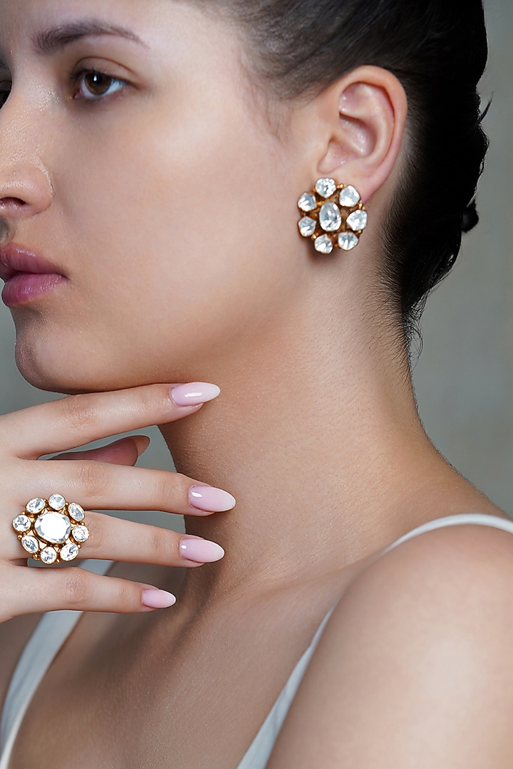 Yellow Gold Finish Kundan Polki Floral Stud Earrings by Joules By Radhika at Pernia's Pop Up Shop