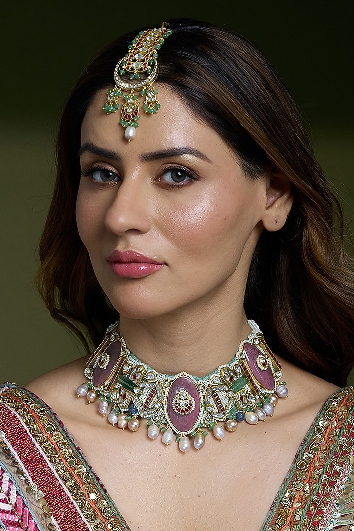 Yellow Gold Finish Brass Maangtikka by Joules By Radhika at Pernia's Pop Up Shop