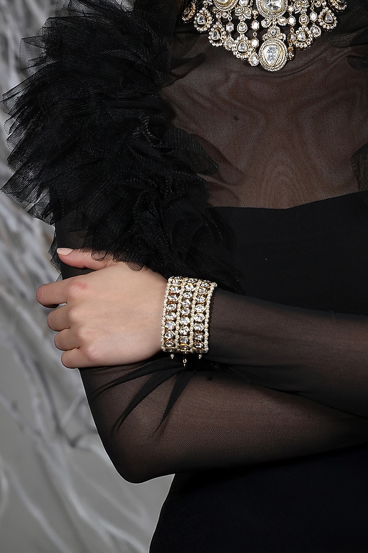 Yellow Gold Finish Pearl Mesh Bracelet by Joules By Radhika at Pernia's Pop Up Shop