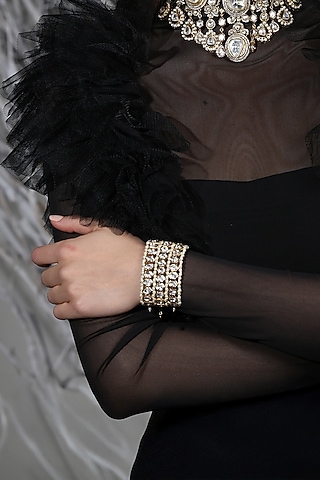Yellow Gold Finish Pearl Mesh Bracelet by Joules By Radhika