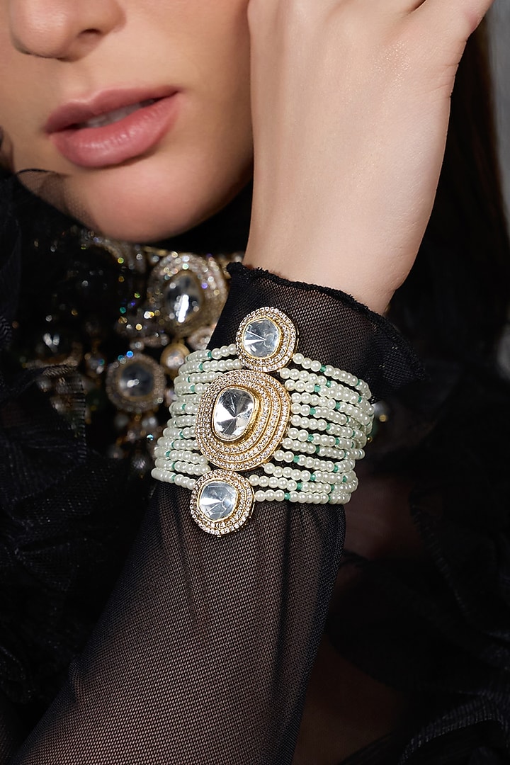 Yellow Gold Finish Green Stone Bracelet by Joules By Radhika at Pernia's Pop Up Shop